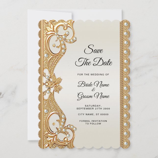 Save The Date Gold Ornate White Pearls Enregistrer la date (Devant)