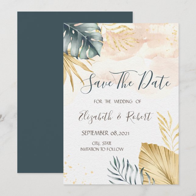 Save The Date Gold Palm Feuille Aquarelle Enregistrer la date (Devant / Derrière)