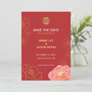 Save The Date Gold Peony Mariage chinois enregistrer la date