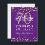 Save The Date Gold Purple 70th Birthday Save Date Confetti<br><div class="desc">Elégant design "70th Birthday Party" avec Gold Faux Parties scintillant Confetti violet et nom personnalisé et détails texte. Facile à utiliser et facile à personnaliser. Commandez aujourd'hui !</div>