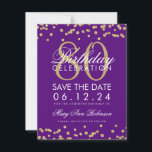 Save The Date Gold Purple 80th Birthday Save Date Confetti<br><div class="desc">Elégant design "80th Birthday Party" avec Gold Faux Parties scintillant Confetti violet et nom personnalisé et détails texte. Facile à utiliser et facile à personnaliser. Commandez aujourd'hui !</div>