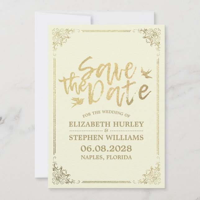 Save The Date Gold Script Floral Frame Enregistrer le Mariage Da (Devant)