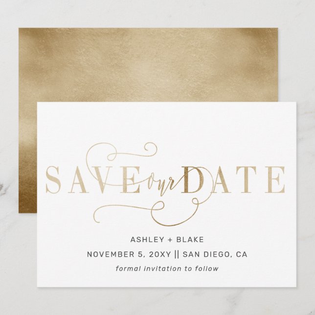 Save The Date Gold Script Moderne Stylet Écriture manuscrite Cal (Devant / Derrière)
