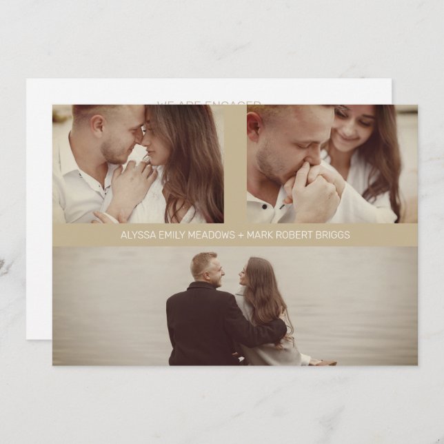 Save The Date Gold Simple Elegant Three Photos Couple in Loving (Devant / Derrière)