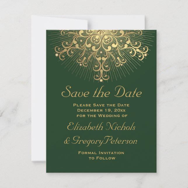 Save The Date Gold snowflake mariage hiver vert Enregistrer la d (Devant)