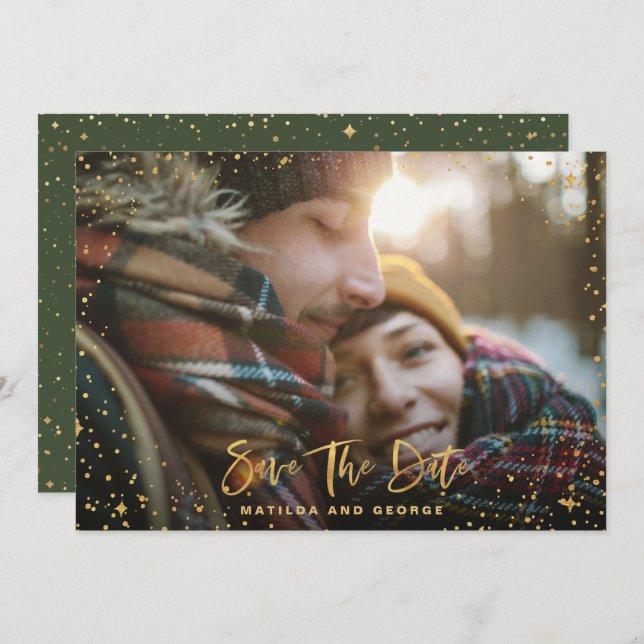 Save The Date Gold stars script photo mariage moderne (Devant / Derrière)
