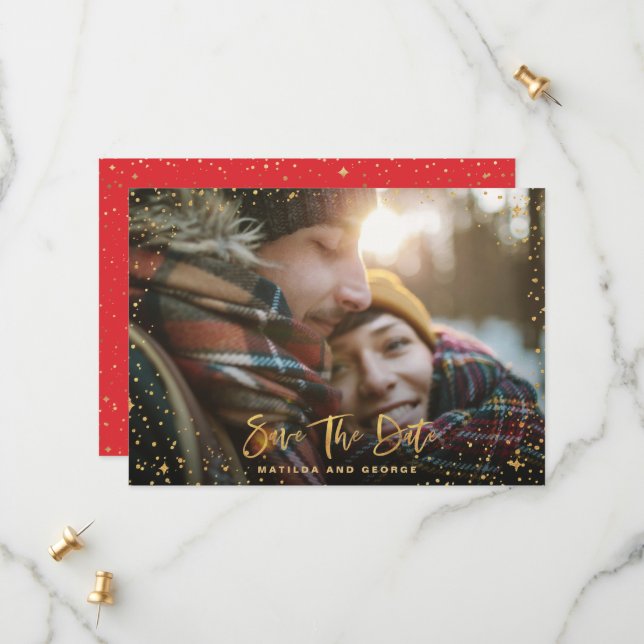 Save The Date Gold stars script photo mariage moderne (Devant/Arrière en situation)