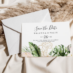 Save The Date Gold Tropical Foliage Floral Horizontal Mariage