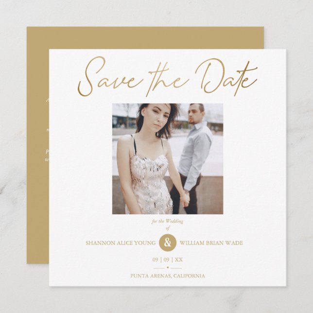 Save The Date Golden Effect Elegant Custom Photo Wedding (Devant / Derrière)