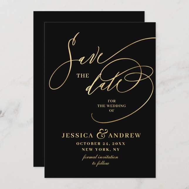 Save The Date Golden Elegant Calligraphie Mariage Enregistrer la (Devant / Derrière)