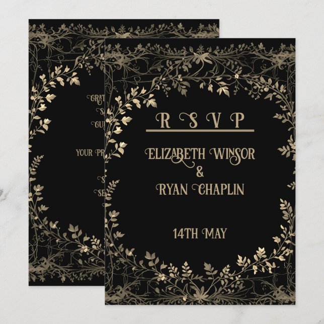 Save The Date Golden Floral Black Elegant (Devant / Derrière)