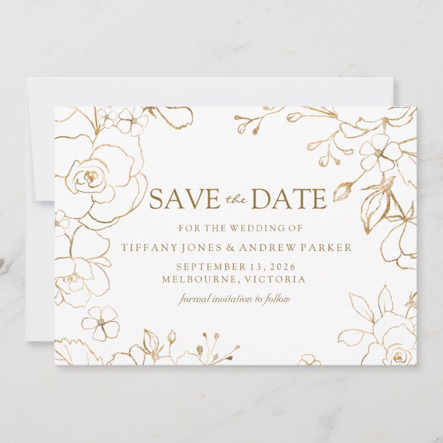 Save The Date Golden Floral Simple mariage élégant (Devant)