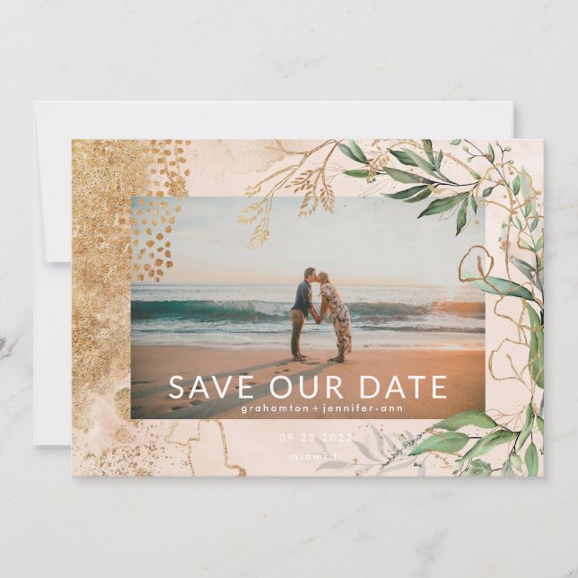 Save The Date Golden Modern Eucalyptus Verdure Photo Abstraite (Devant)