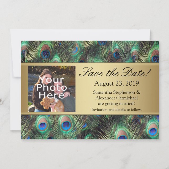 Save The Date Golden Peacock Feather Photo Enregistrer la date (Devant)