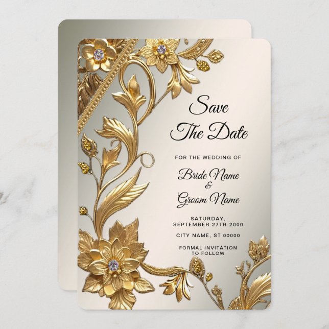 Save The Date Golden Wavy Feuilles Floral Enregistrer la date (Devant / Derrière)
