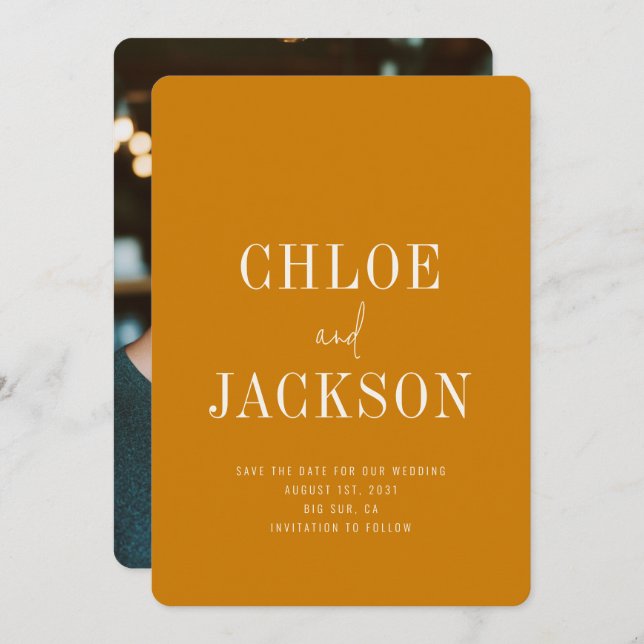 Save The Date Golden Yellow Mustard Modern Bold Mariage photo (Devant / Derrière)