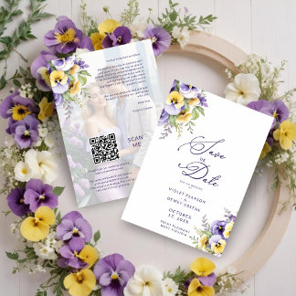 Save The Date Gorgeous Botanical Purple Pansies Flowers Photo