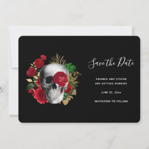 Save The Date Goth Crâne avec Roses rouges et Feuilles d'or