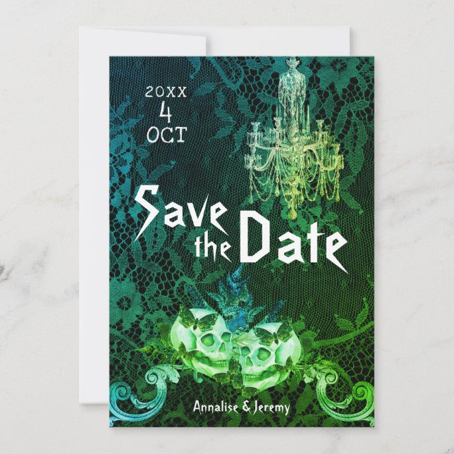 Save The Date Goth Halloween Mariage crânes (Devant)