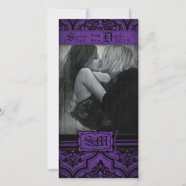 Save The Date Goth Purple et Black Damask Enregistrer la date (Devant)