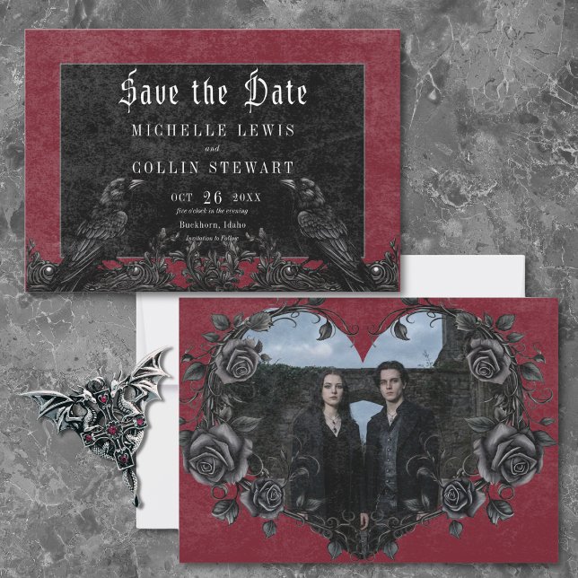 Save The Date Gothic Black Raven & Roses Burgundy Photo Wedding (Gothic Black Raven & Roses Burgundy Wedding Photo Save The Date)