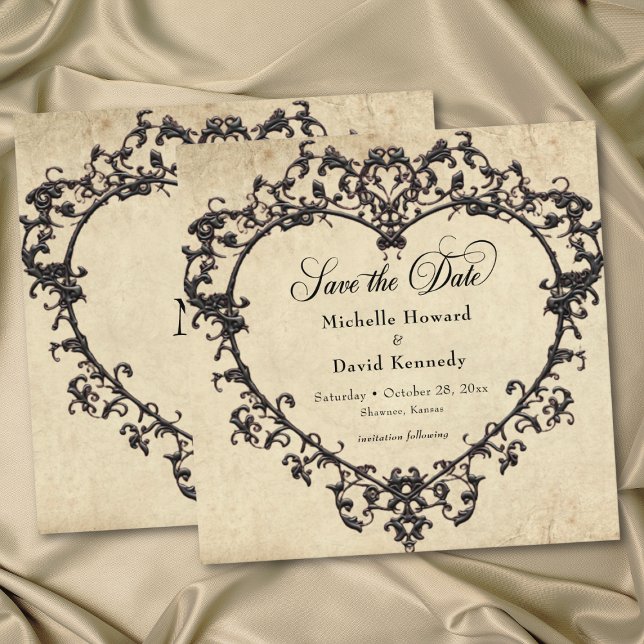 Save The Date Gothic Black Tan Parchment Filigree Heart Wedding (Gothic Black Tan Parchment Filigree Heart Wedding Save The Date)