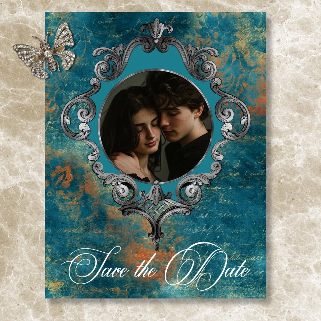 Save The Date Gothique Antique Turquoise Gold Damask Photo Maria (Gothic Antique Teal Gold Damask Wedding Save The Date Photo)