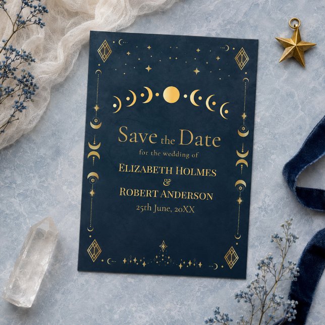 Save The Date Gothique Céleste Bleu Minuit Or Date à Sauvegarder (Celestial Gothic Midnight Blue Gold Save the Date)