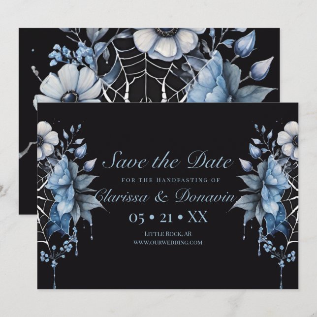 Save The Date Gothique Dusty Blue Floral Spider Web Handfasting (Devant / Derrière)