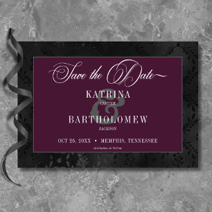 Save The Date Gothique foncé Noir Floral Satin Damask Vin Mariag