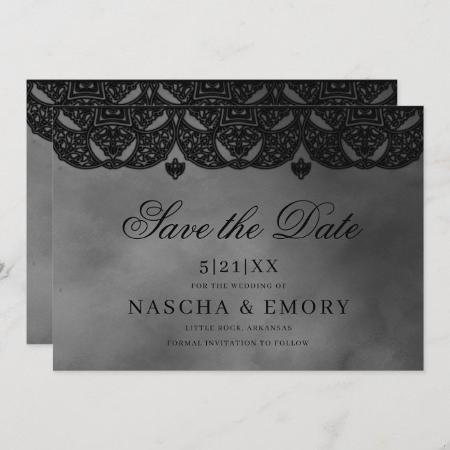 Save The Date Gothique Médiéval Élégant Mariage de dentelle noir (Devant / Derrière)