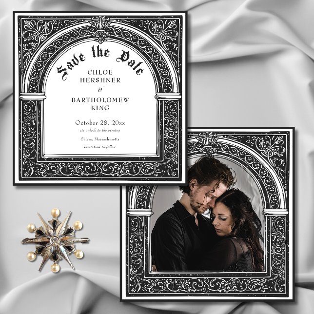 Save The Date Gothique Noir Blanc Médiéval Jusqu'à la mort Photo (Gothic Black White Medieval Until Death Wedding Photo Save The Date)