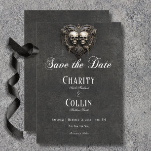 Save The Date Gothique Noir & Blanc Skuls & Mariage Coeur