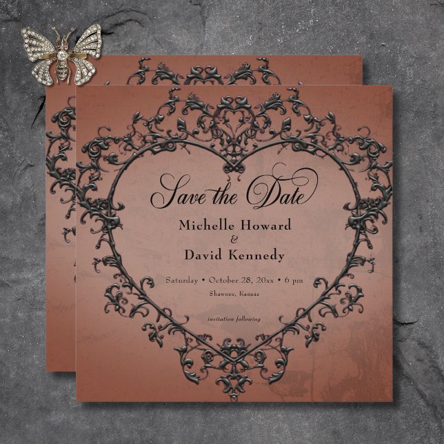 Save The Date Gothique Noir & Rust Filigree Mariage de coeur (Gothic Black & Rust Filigree Heart Wedding Save The Date)