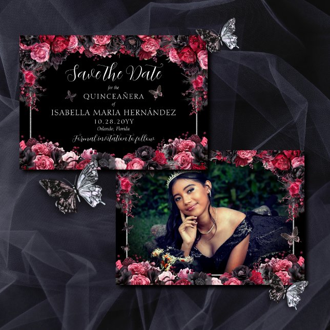 Save The Date Gothique rose rouge et noir Moody Quinceañera (Elegant, gothic save the date card for quinceañera with pink, red and black moody florals.)