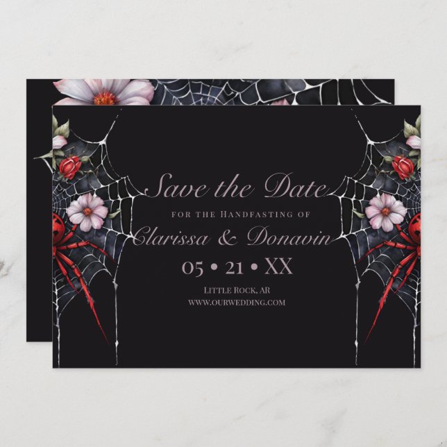 Save The Date Gothique Rouge & Noir Floral Spider Web Handfastin (Devant / Derrière)