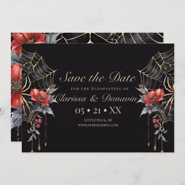 Save The Date Gothique Rouge & Or Floral Spider Web Handfasting (Devant / Derrière)