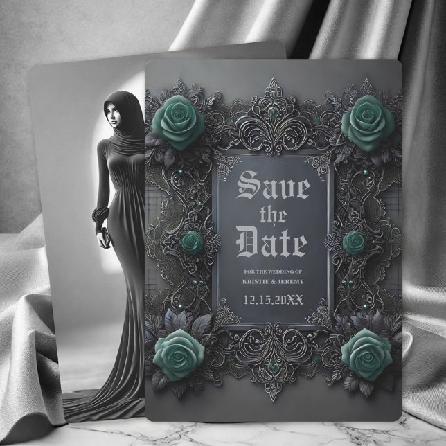 Save The Date Gothique Turquoise bleu gris floral photo Enregist (Gothic Teal Blue Roses on Dark Gray with Back Photo Wedding Save the Date Announcement.)