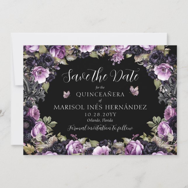 Save The Date Gothique violet et noir Moody Florals Quinceañera (Devant)