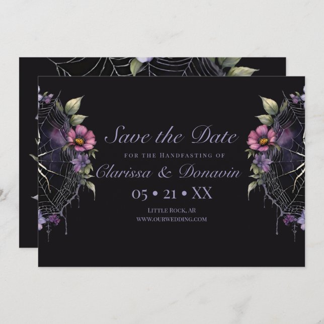 Save The Date Gothique Violet Floral Spider Web Handfasting (Devant / Derrière)