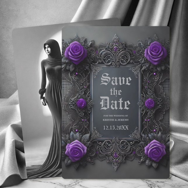 Save The Date Gothique violet gris floral Photo Enregistrer la d (Gothic Purple Roses on dark gray with a Back Photo Save the Date Announcement.)