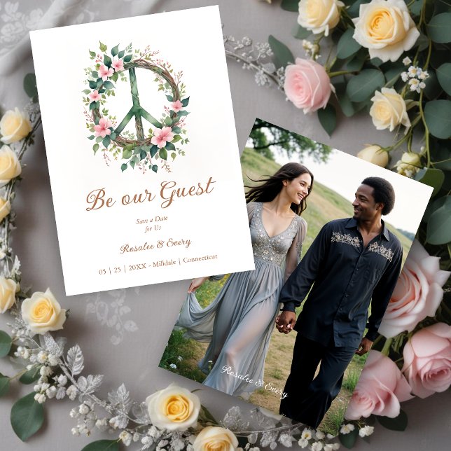 Save The Date Graceful Floral Wood Peace Symbol Photo Wedding (Graceful and Cherish Floral Wood Peace Symbol Photo Wedding Save the Date Card.)