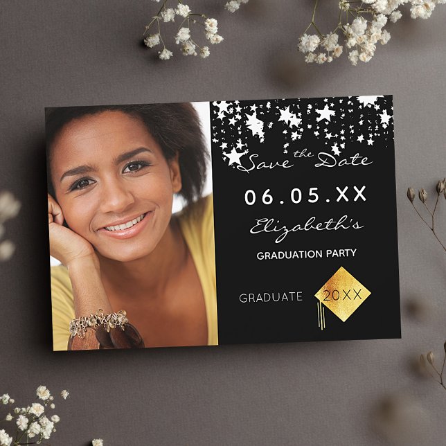 Save The Date Graduation party noir blanc étoiles photo 2025 (Créateur téléchargé)