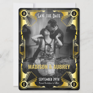 Save The Date Grand Gatsby Art Déco Mariage Gold & Black Photo