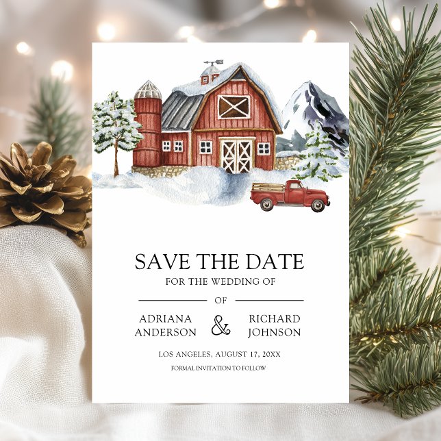Save The Date Grange rouge Noël d'hiver Code QR Photo Mariage (Créateur téléchargé)