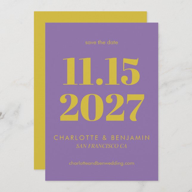Save The Date Gras brillant violet et jaune typographie moderne (Devant / Derrière)