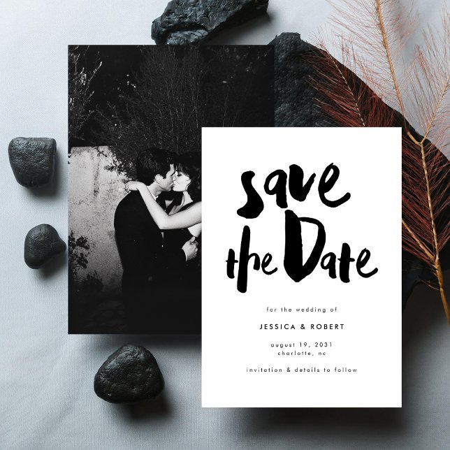 Save The Date Gras Edgy Modern Black Brush Script Mariage photo (Créateur téléchargé)