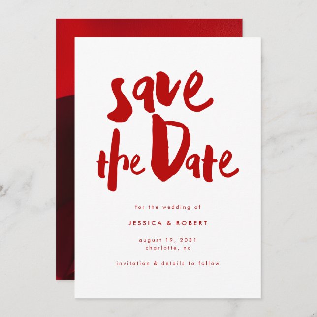 Save The Date Gras Edgy Modern Red Brush Script Mariage photo (Devant / Derrière)