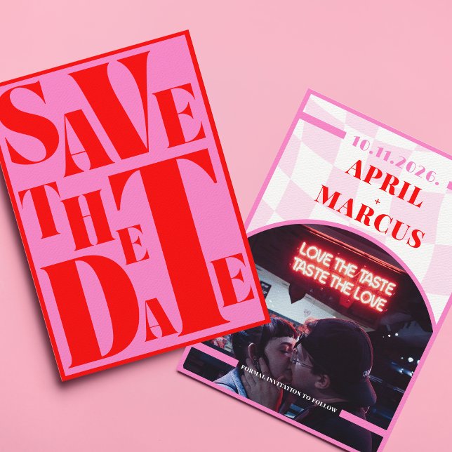 Save The Date Gras Retro Typographie rose rouge vibre PHOTO (Créateur téléchargé)
