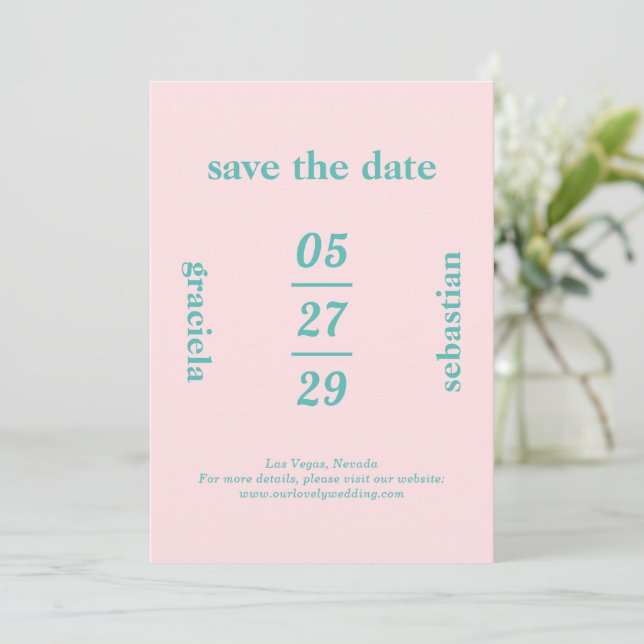 Save The Date Gras Typographique rose Turquoise Mariage moderne (Debout devant)